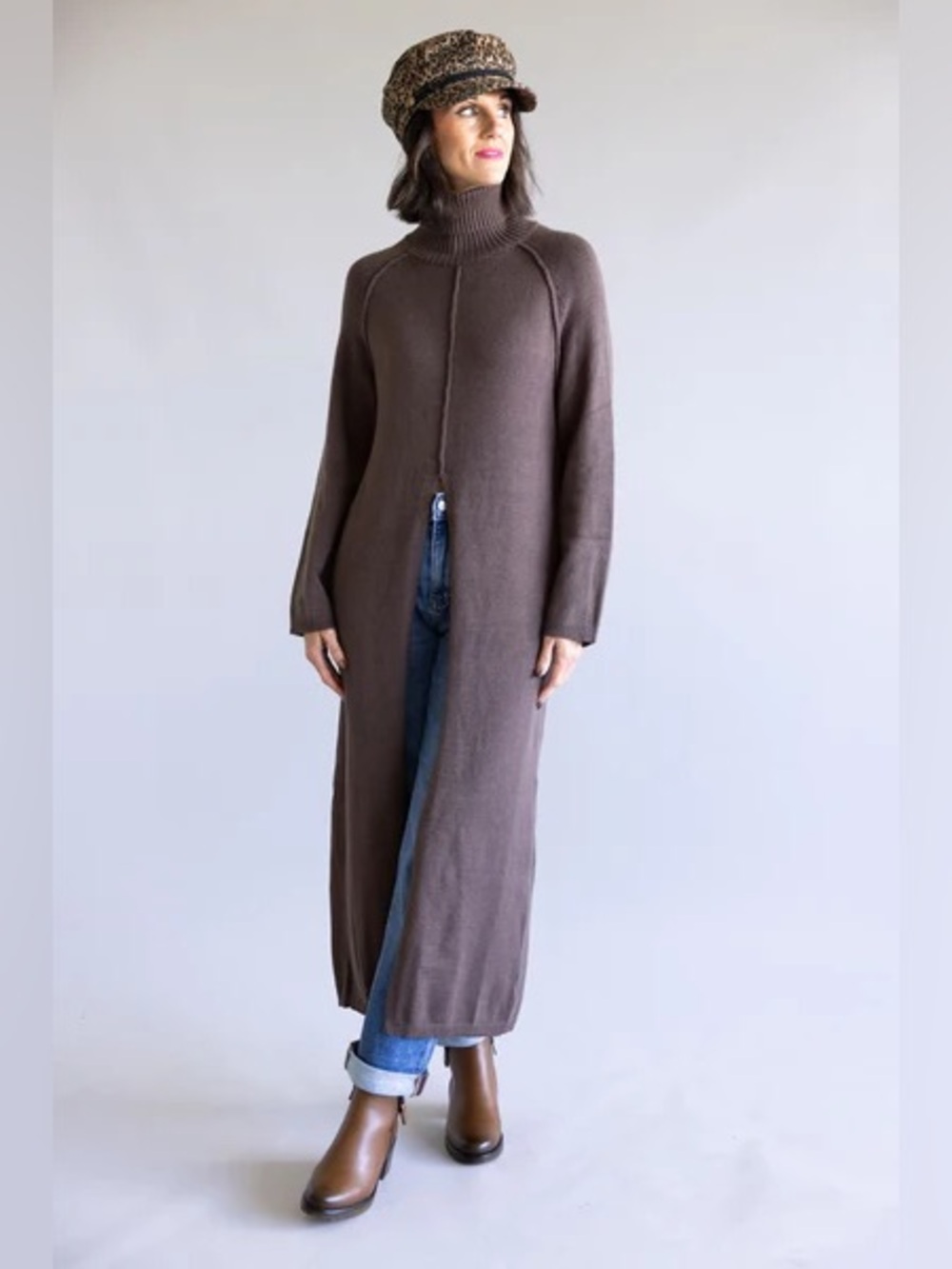 Long Brown Open-Front Turtleneck Maxi Sweater